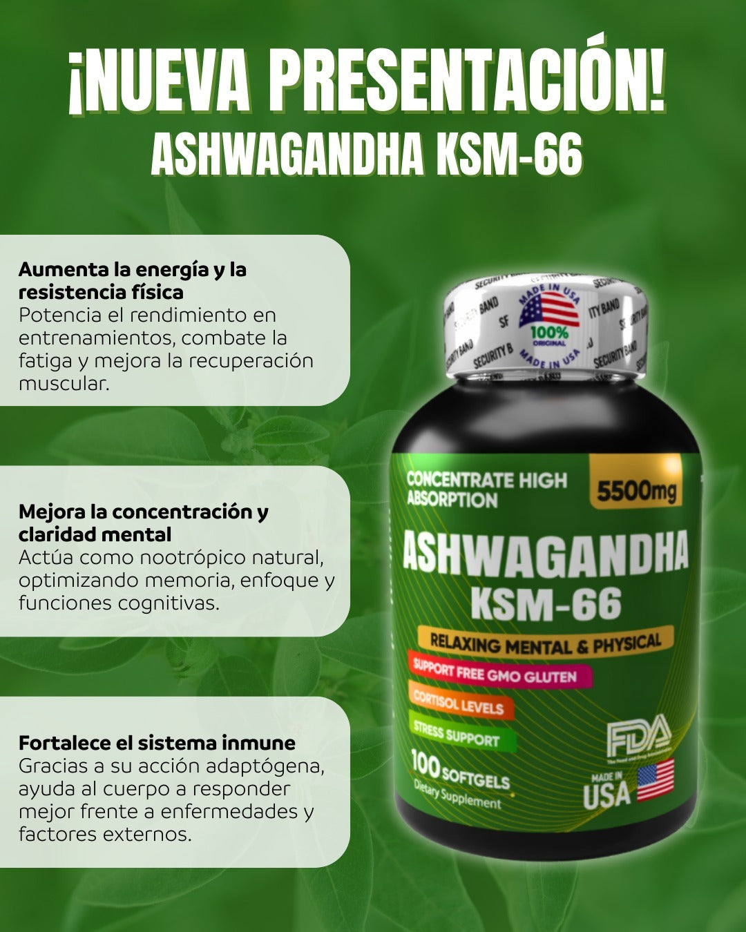 ASHWAGANDHA KSM 66 AMERICANO 5500 mg | 100 Cápsulas 100% original